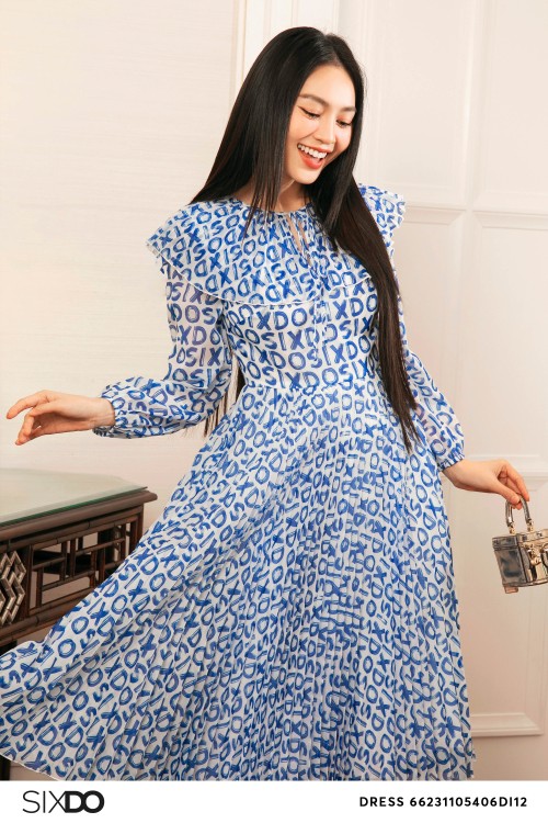 Sixdo Blue-White Sixdo Print Pleated Organza Midi Dress